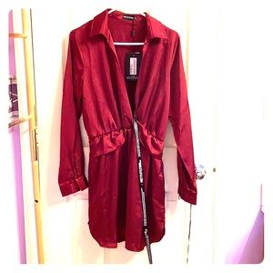 Burgundy Twist Front Silky Shirt Dress